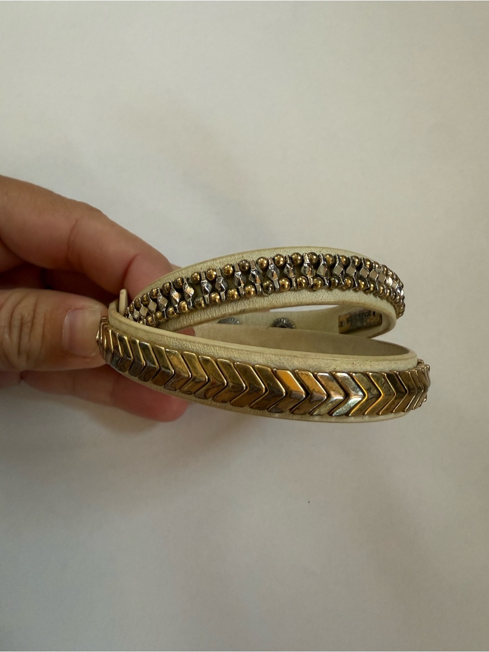 Stella & Dot Cream Leather Double-Row Stud Bracelet with Gold & Silver Accents